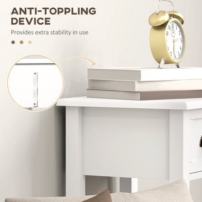White side table with drawer and anti-tip wall bracket attached to the back