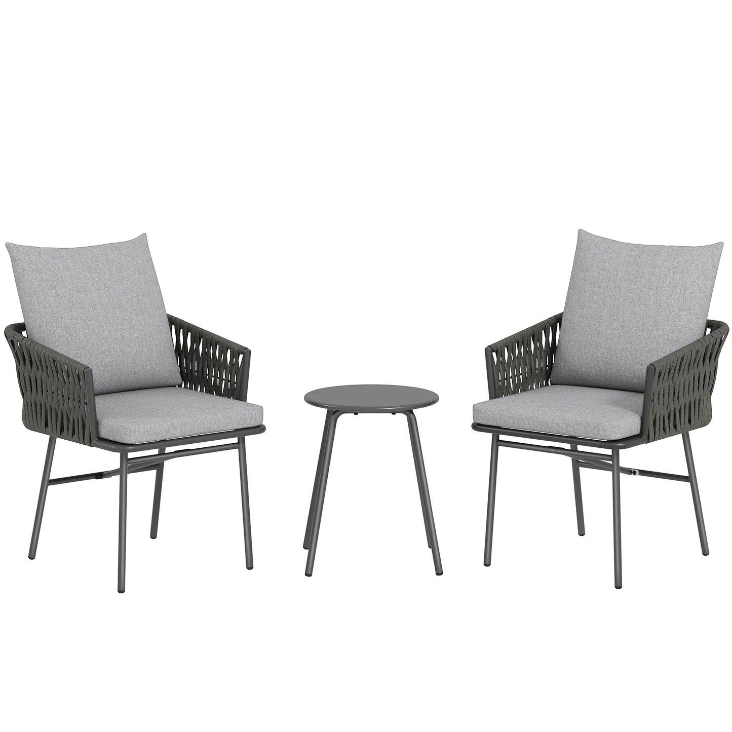 Photo of Outsunny 3-Piece Rattan Bistro Set, Garden Table and Chairs with 4 Cushions, Patio Rattan Conversation Furniture Set for Balcony, Porch, Terrace, Grey in Grey colour on a white background