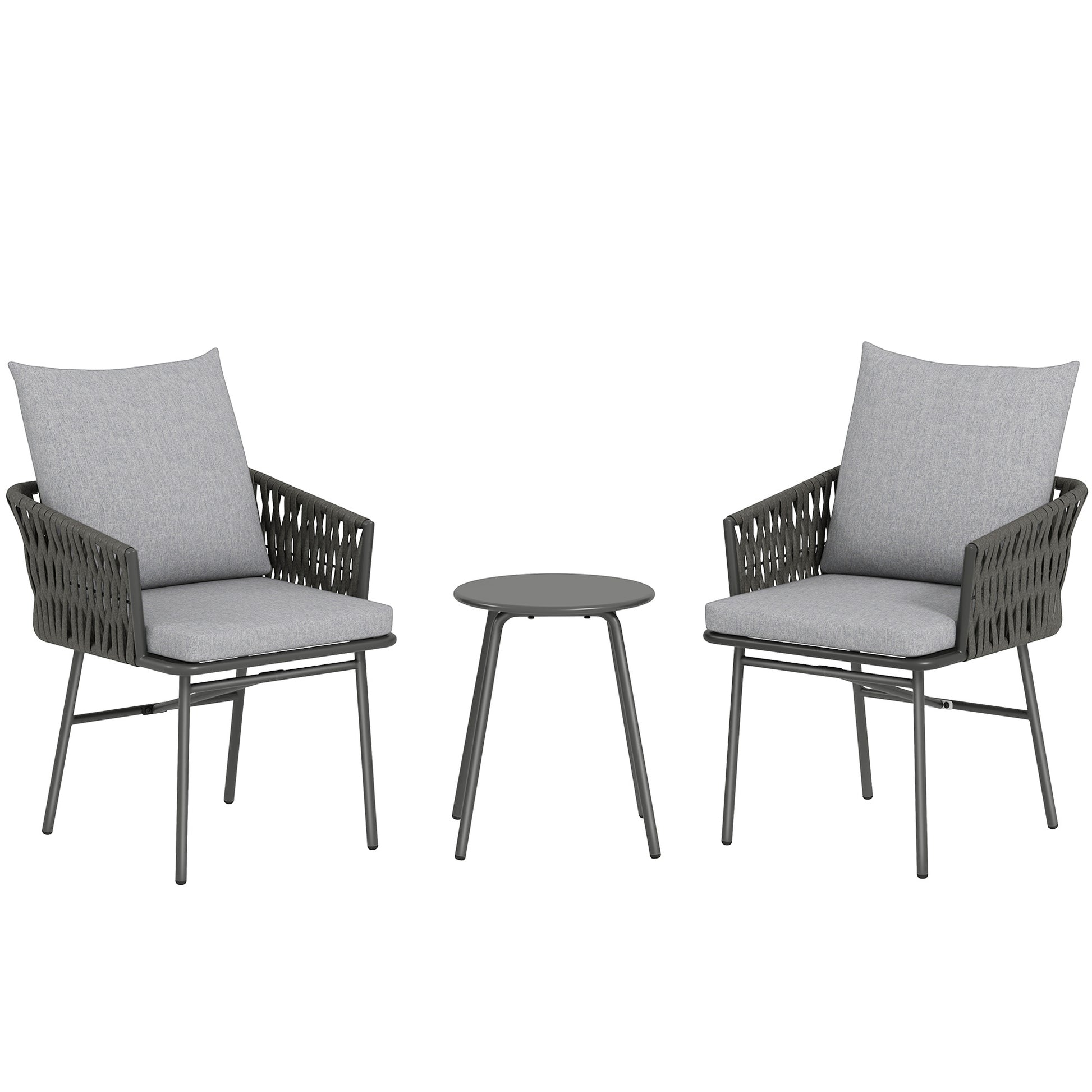 Photo of Outsunny 3-Piece Rattan Bistro Set, Garden Table and Chairs with 4 Cushions, Patio Rattan Conversation Furniture Set for Balcony, Porch, Terrace, Grey in Grey colour on a white background