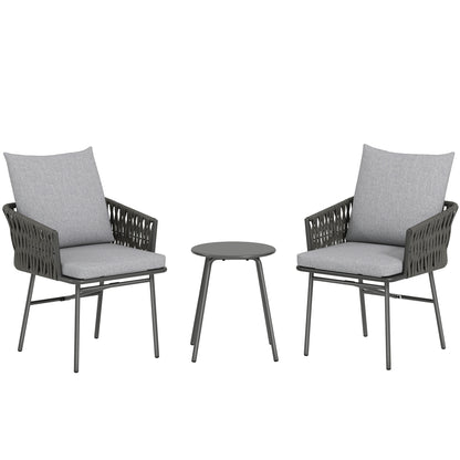 Grey rattan bistro set with two cushioned chairs and a round table