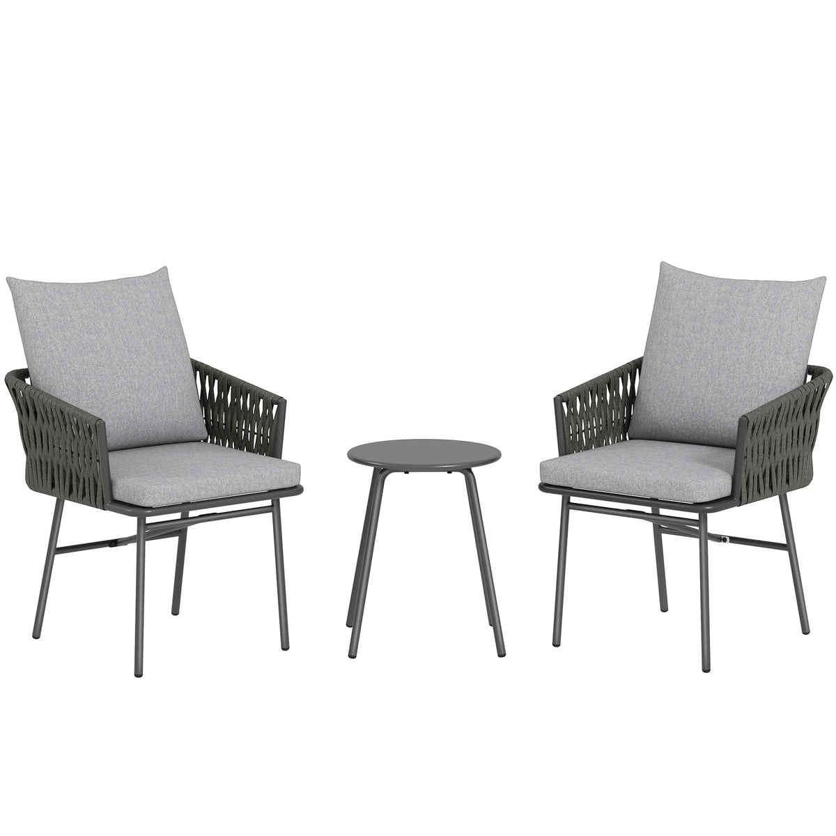 Photo of Outsunny 3-Piece Rattan Bistro Set, Garden Table and Chairs with 4 Cushions, Patio Rattan Conversation Furniture Set for Balcony, Porch, Terrace, Grey in Grey colour on a white background