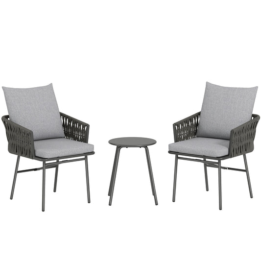 Photo of Outsunny 3-Piece Rattan Bistro Set, Garden Table and Chairs with 4 Cushions, Patio Rattan Conversation Furniture Set for Balcony, Porch, Terrace, Grey in Grey colour on a white background