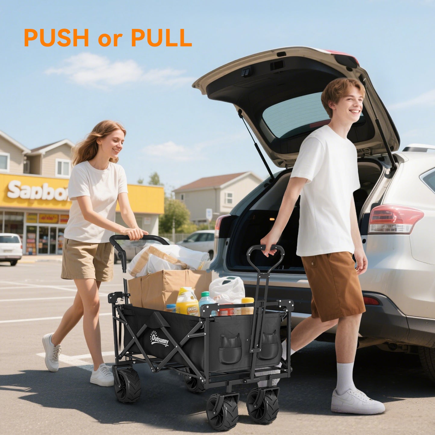 Outsunny 180L Festival Trolley on Wheels, Push & Pull Beach Cart with Removable Canopy, Wide All-Terrain Wheels, Folding Camping Trolley Cart, Adjustable Handle for Garden Fishing Shopping, Black