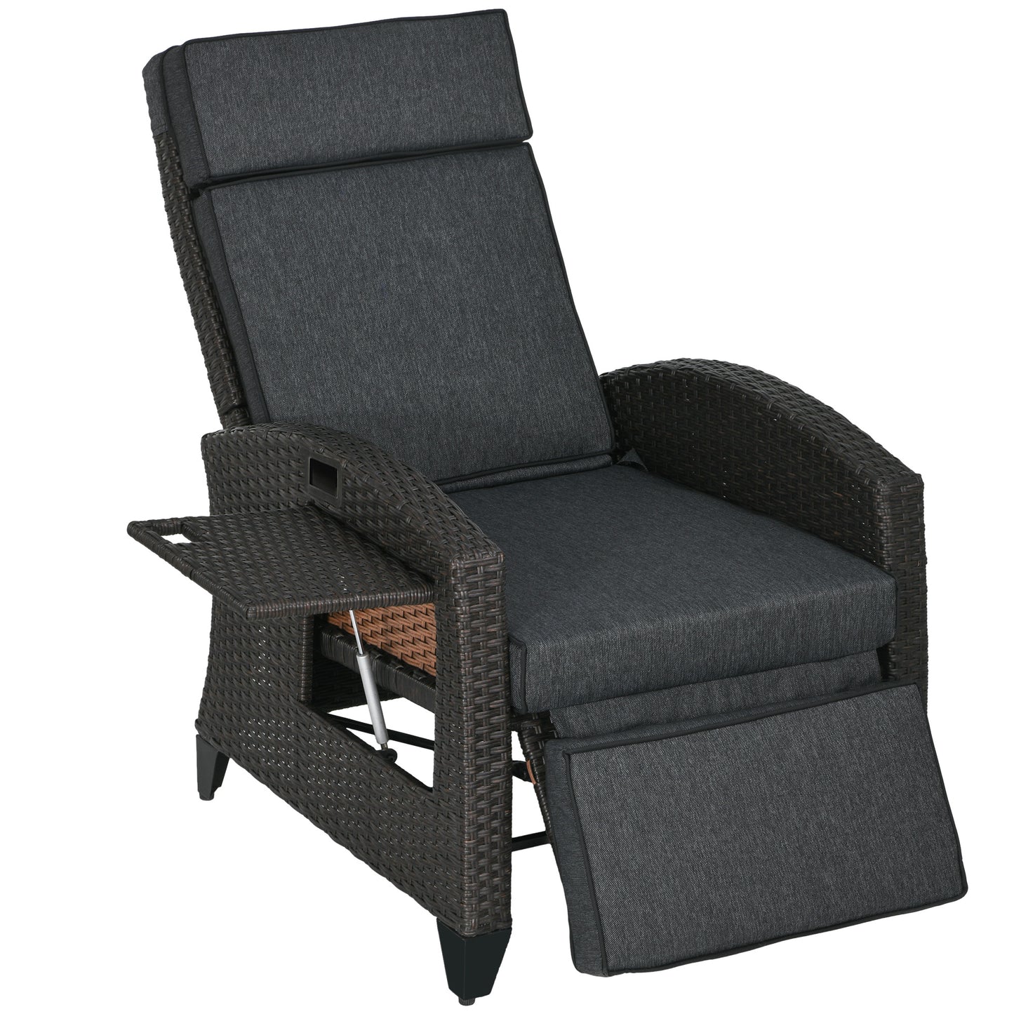 Photo of Outsunny Outdoor Recliner Chair with Adjustable Backrest and Footrest, Cushion, Side Tray, Dark Grey/Brown in Grey/Brown colour on a white background