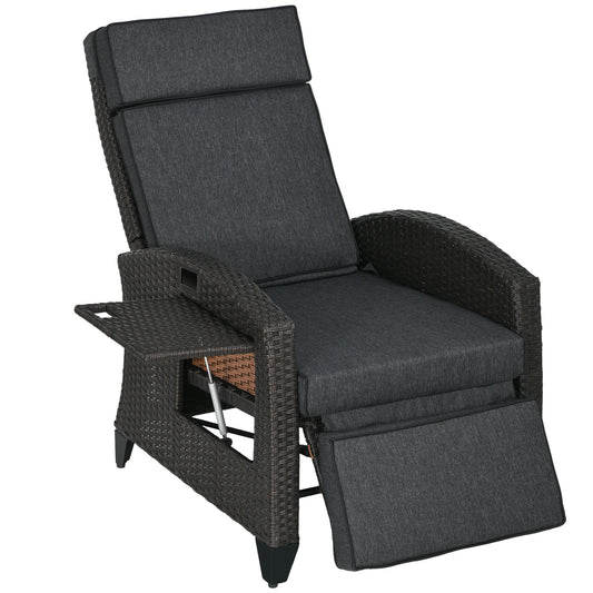 Photo of Outsunny Outdoor Recliner Chair with Adjustable Backrest and Footrest, Cushion, Side Tray, Dark Grey/Brown in Grey/Brown colour on a white background