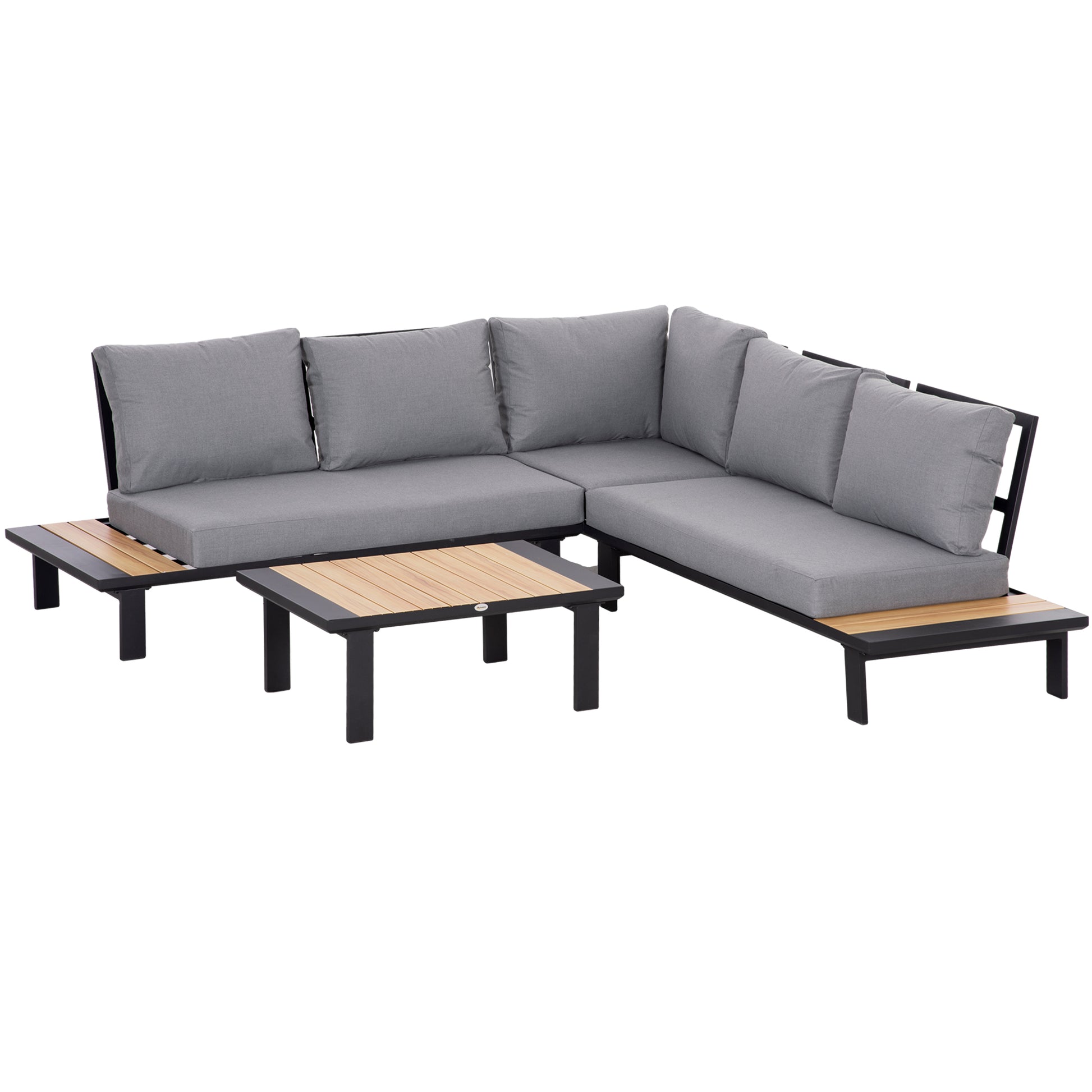Photo of Outsunny 4 Pieces Aluminium Garden Furniture Set L Shape Sofa Set with Tables, Cushions for Indoor, Garden, Patio, Dark Grey in Grey colour on a white background