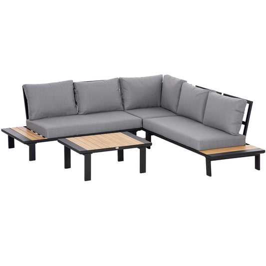 Photo of Outsunny 4 Pieces Aluminium Garden Furniture Set L Shape Sofa Set with Tables, Cushions for Indoor, Garden, Patio, Dark Grey in Grey colour on a white background