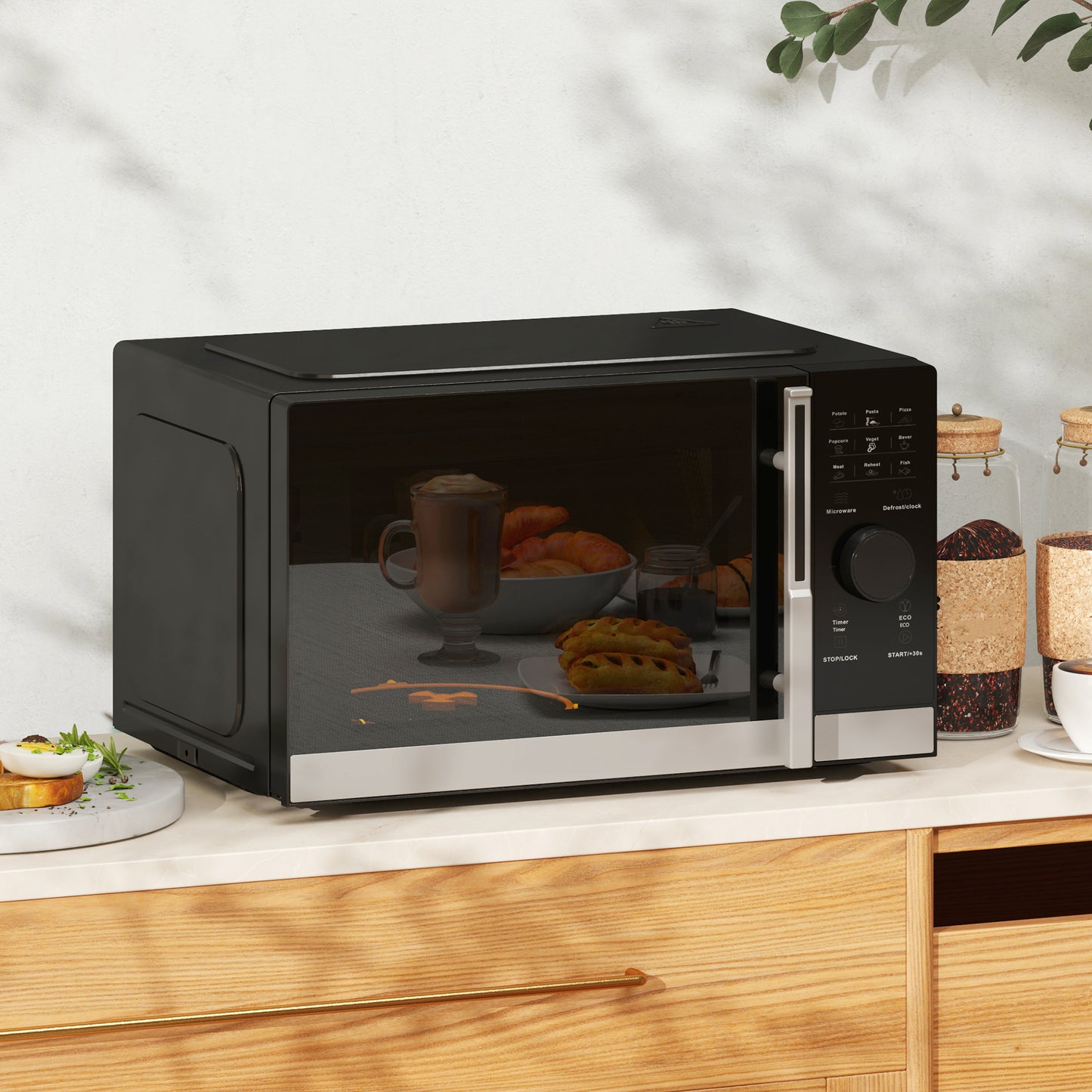 HOMCOM 23L 800W Microwave Oven, Digital Solo Microwave with 10 Power Levels, Automatic Defrost, 8 Auto Cook Menus, 60 Minutes Timer, Clock, Easy Clean, Small Black Microwave