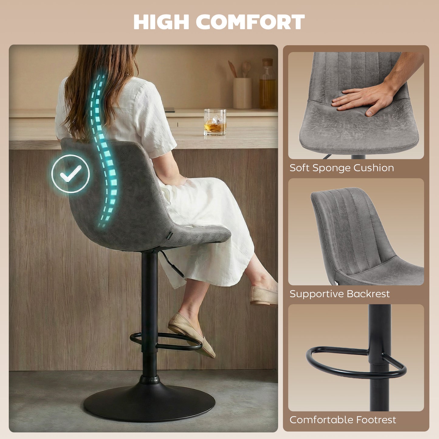 HOMCOM Breakfast Bar Stools Set of 2, 59-80cm Sitting Hight Leather Upholstered Bar Chairs - Grey