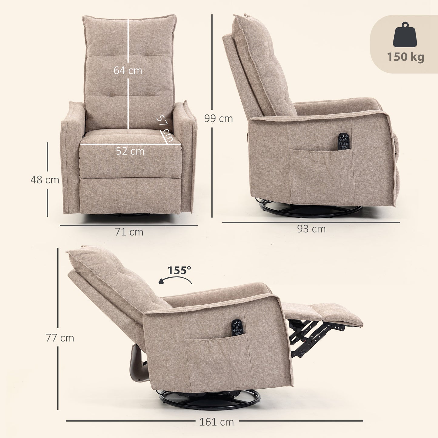 HOMCOM Recliner Armchair, Chenille Recliner Chair with Massage and Heat, 360° Swivel Rocking Manual Recliner, Brown