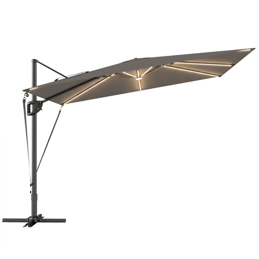 Photo of Outsunny 3 x 3 m Garden Cantilever Parasol w/ Light, Cover, UPF50+ Patio Umbrella w/ Wind Protection, 360° Rotation, Dark Grey in Grey colour on a white background