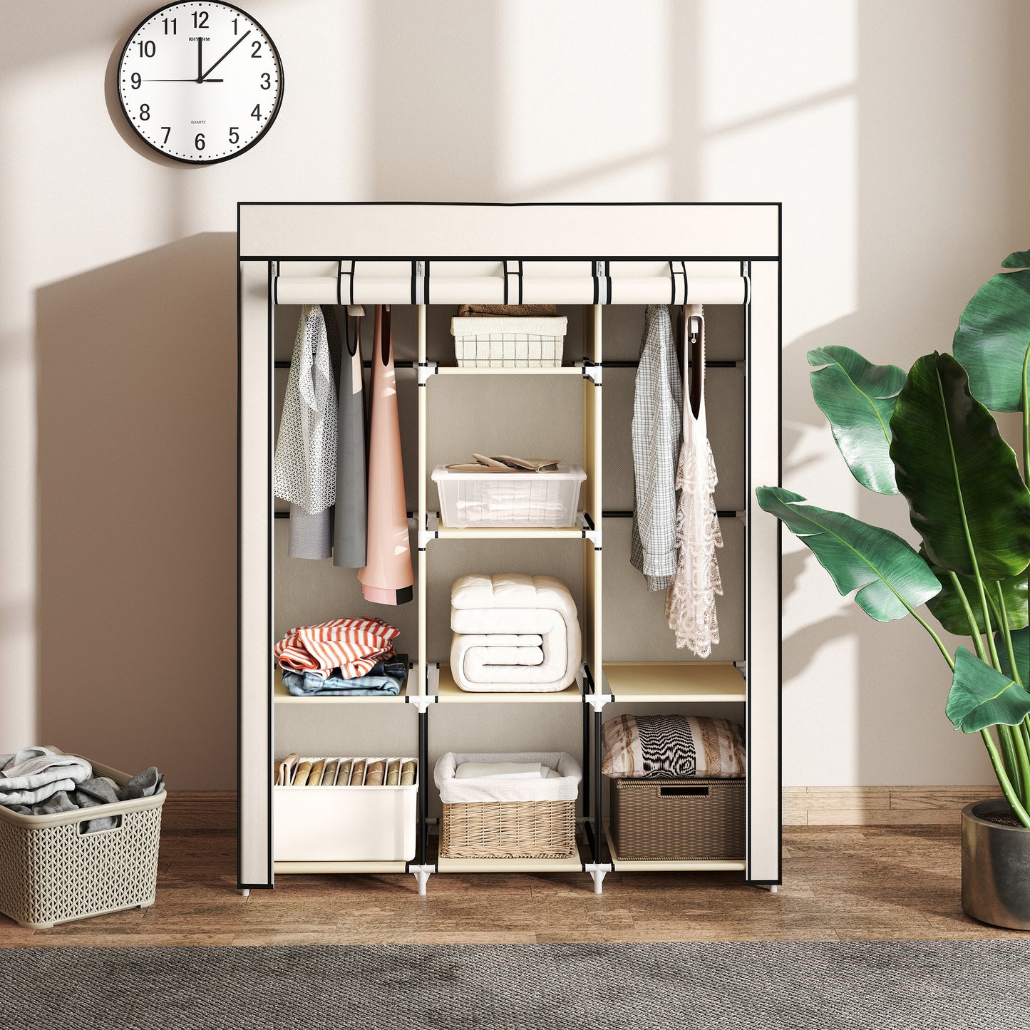 HOMCOM Fabric Wardrobe, with Rails and Shelves - Cream White