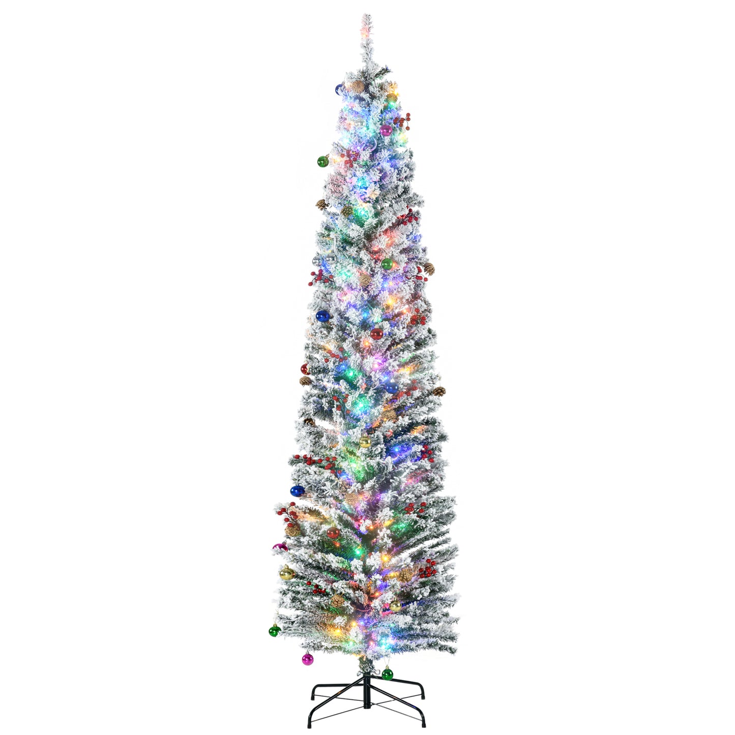 Photo of HOMCOM 7.5' Artificial Prelit Christmas Trees Holiday Décor with Colourful LED Lights, Flocked Tips, Berry, Pine Cone in Cone colour on a white background