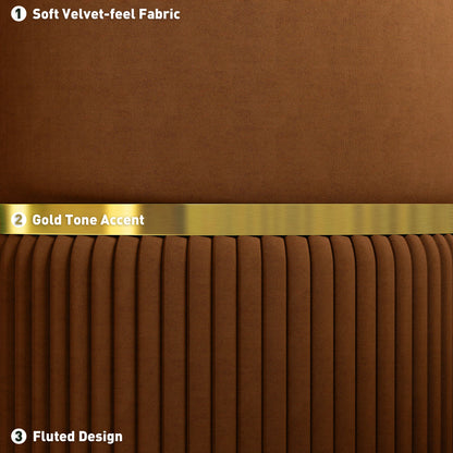 Brown velvet-feel fabric, gold-tone accent band, and fluted ottoman base