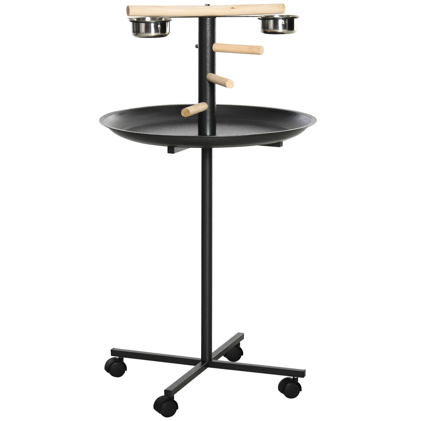 Photo of PawHut Parrot Perch Stand, Large Bird Play Stand, Metal Bird Table Feeder Station with Stainless Steel Bowls, Four Wheels, Round Tray, Black in Black colour on a white background