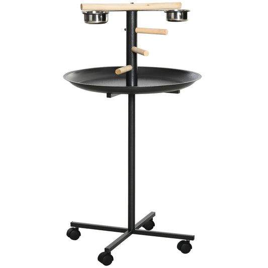 Photo of PawHut Parrot Perch Stand, Large Bird Play Stand, Metal Bird Table Feeder Station with Stainless Steel Bowls, Four Wheels, Round Tray, Black in Black colour on a white background
