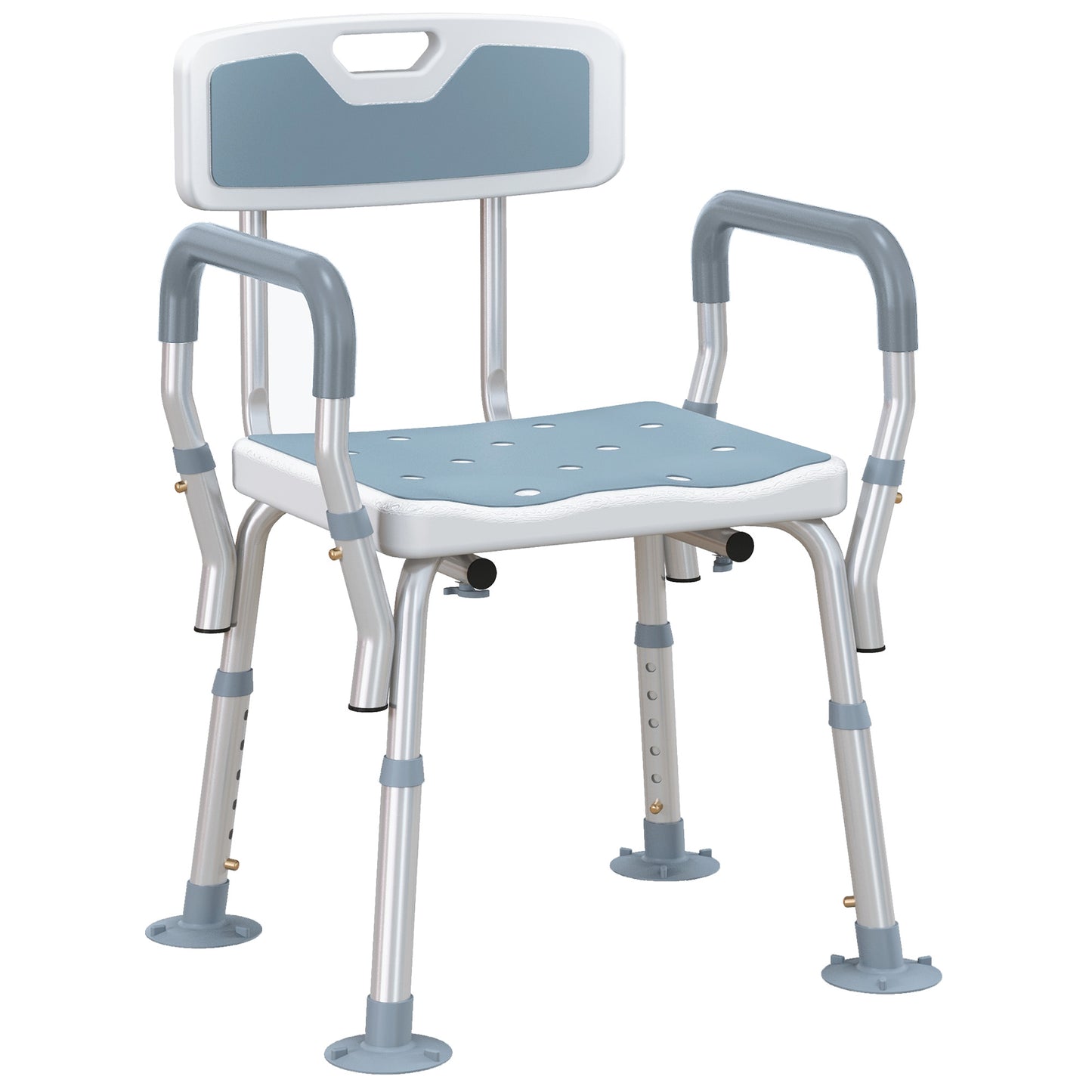 Photo of HOMCOM EVA Padded Shower Chair for the Elderly and Disabled, Height Adjustable Shower Stool with Back and Arms, 4 Suction Foot Pads, Light Blue in Blue colour on a white background