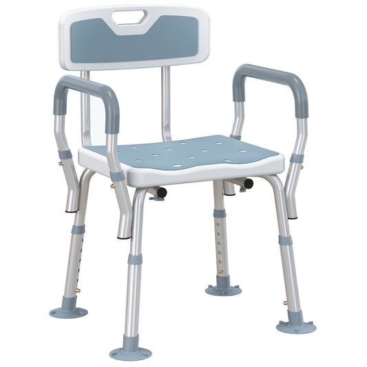 Photo of HOMCOM EVA Padded Shower Chair for the Elderly and Disabled, Height Adjustable Shower Stool with Back and Arms, 4 Suction Foot Pads, Light Blue in Blue colour on a white background