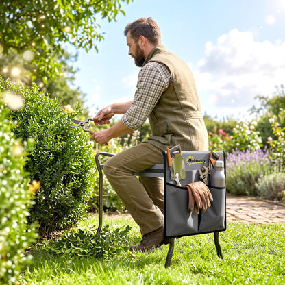 Outsunny garden kneeler used as a seat, with gardening tools in the attached bag