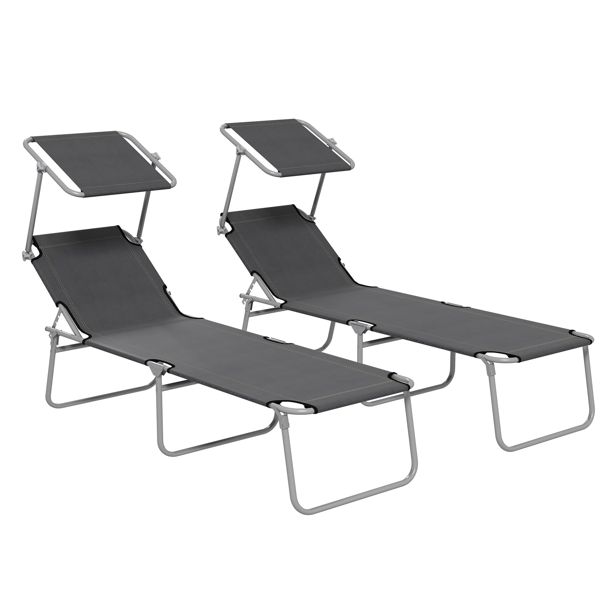 Photo of Outsunny Folding Sun Lounger Set of 2 with Canopy, Reclining Sunbed with 4-Position Adjustable Backrest, 600D Oxford Cloth, Portable Garden Lounger Recliner Chair for Beach, Camping, Patio, Grey in Grey colour on a white background