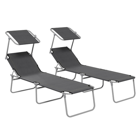 Photo of Outsunny Folding Sun Lounger Set of 2 with Canopy, Reclining Sunbed with 4-Position Adjustable Backrest, 600D Oxford Cloth, Portable Garden Lounger Recliner Chair for Beach, Camping, Patio, Grey in Grey colour on a white background