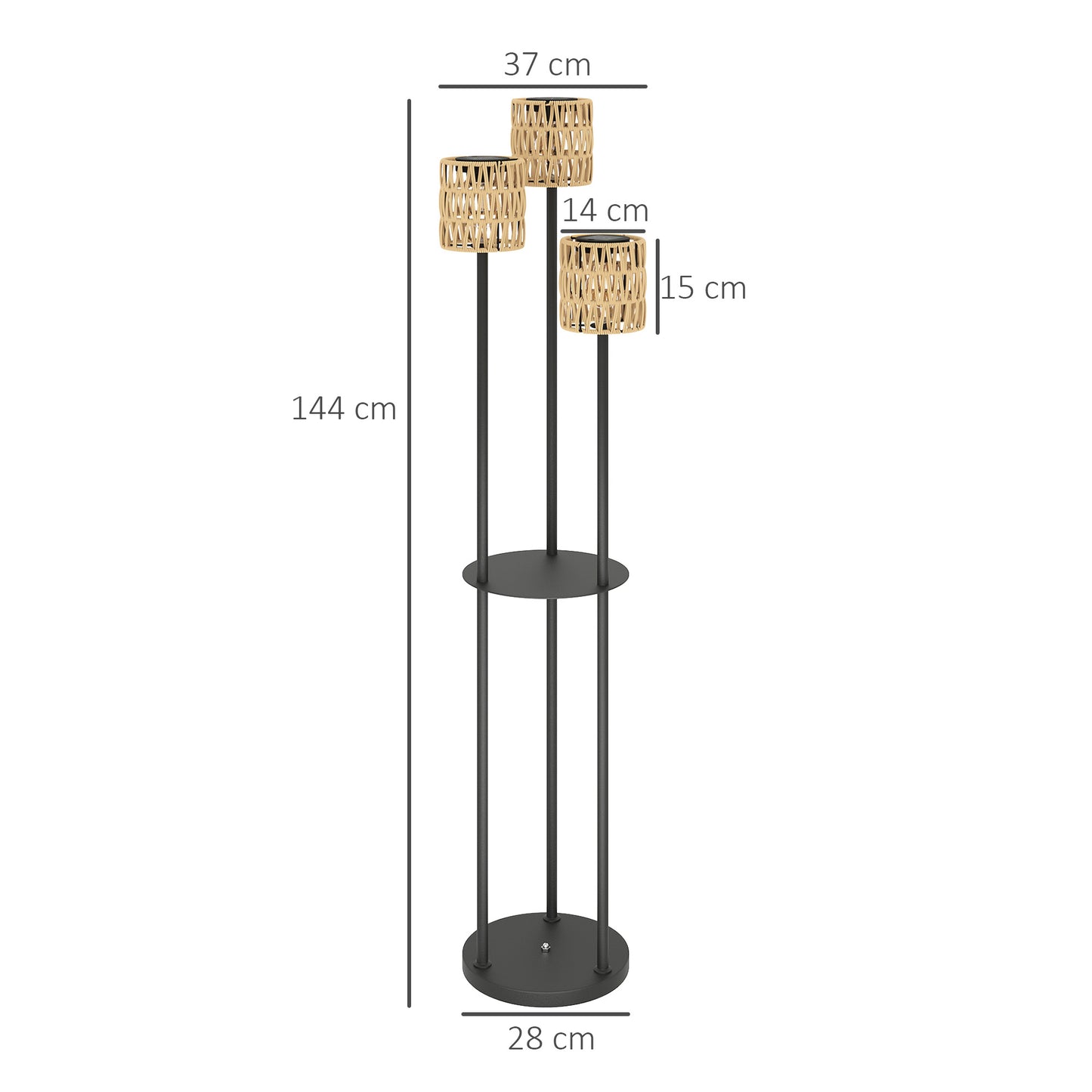 Outsunny Boho Rattan Floor Lamp, 3-Lights Rattan Lamp with Shelf, Freestanding Solar Garden Light with Auto On/Off Lights, IP44 Waterproof for Porch, Pathway, Terrace, Yellow
