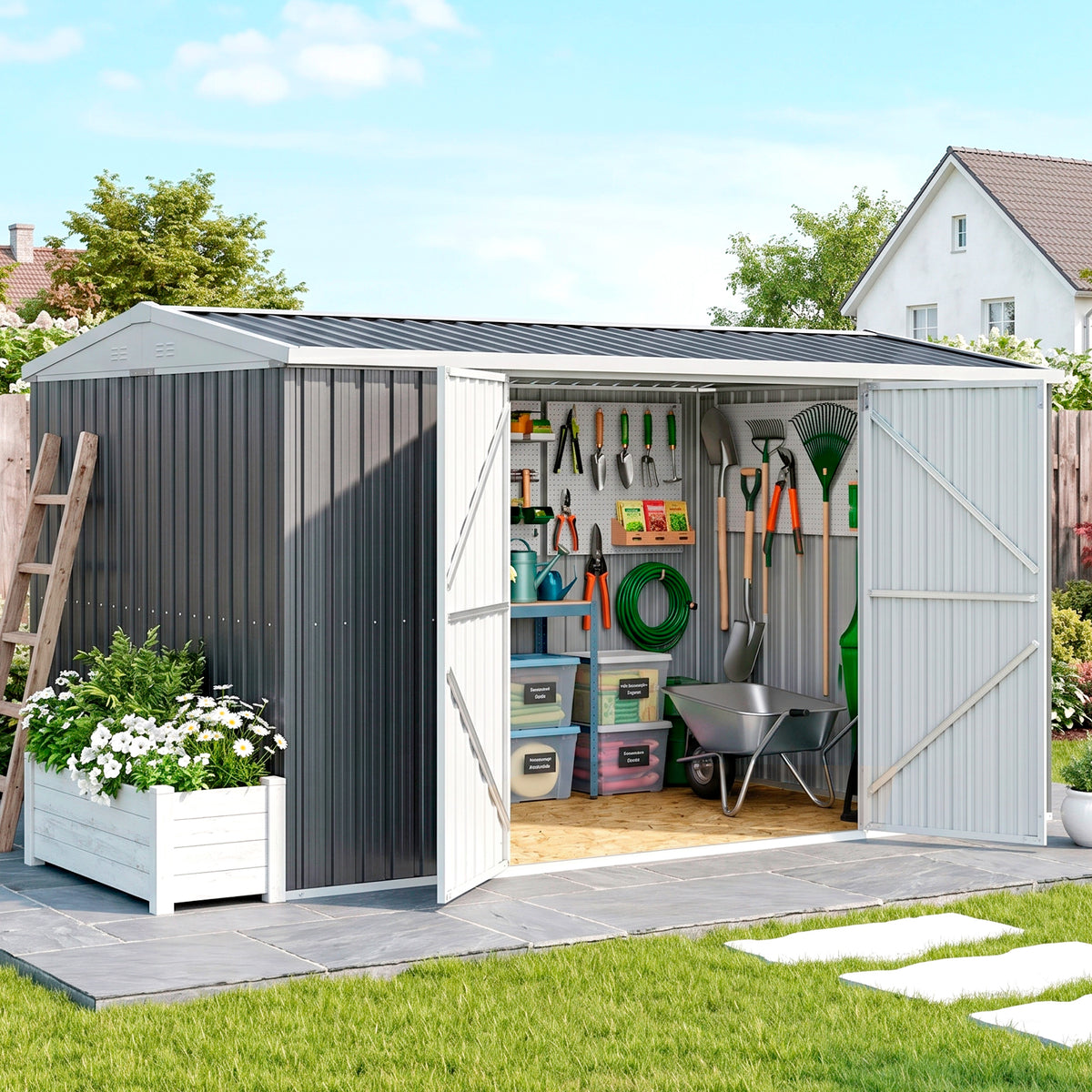 Outsunny metal garden shed open to reveal tool storage and double doors