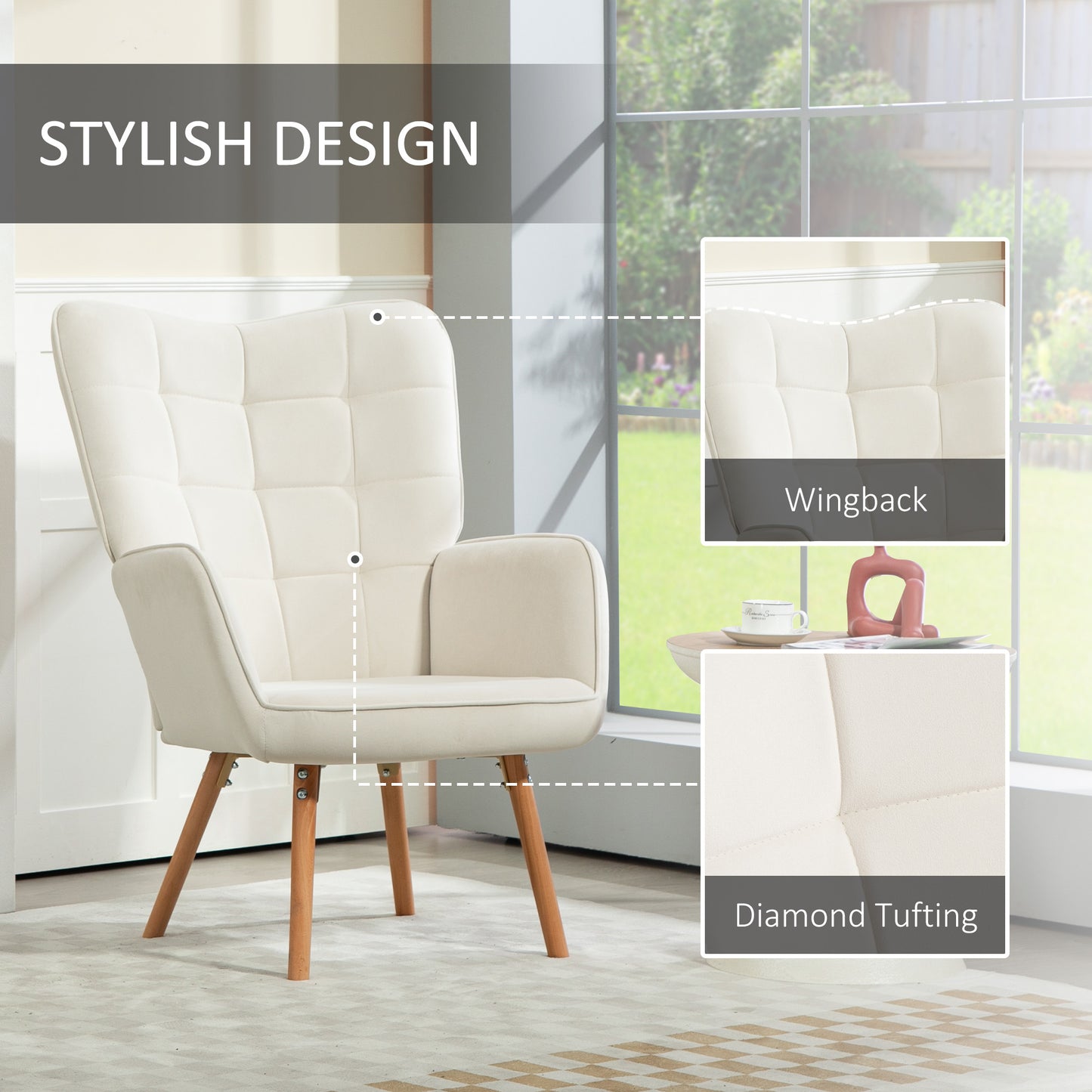 HOMCOM Modern Accent Chair Set of 2 Velvet-Touch Tufted Wingback Armchair Upholstered Leisure Lounge Sofa Club Chair with Wood Legs, Cream White