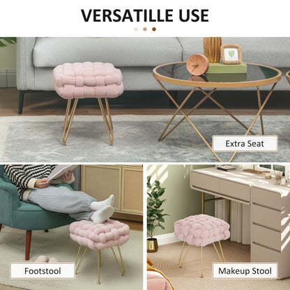 Pink woven footstool shown as an extra seat, footrest, and makeup stool