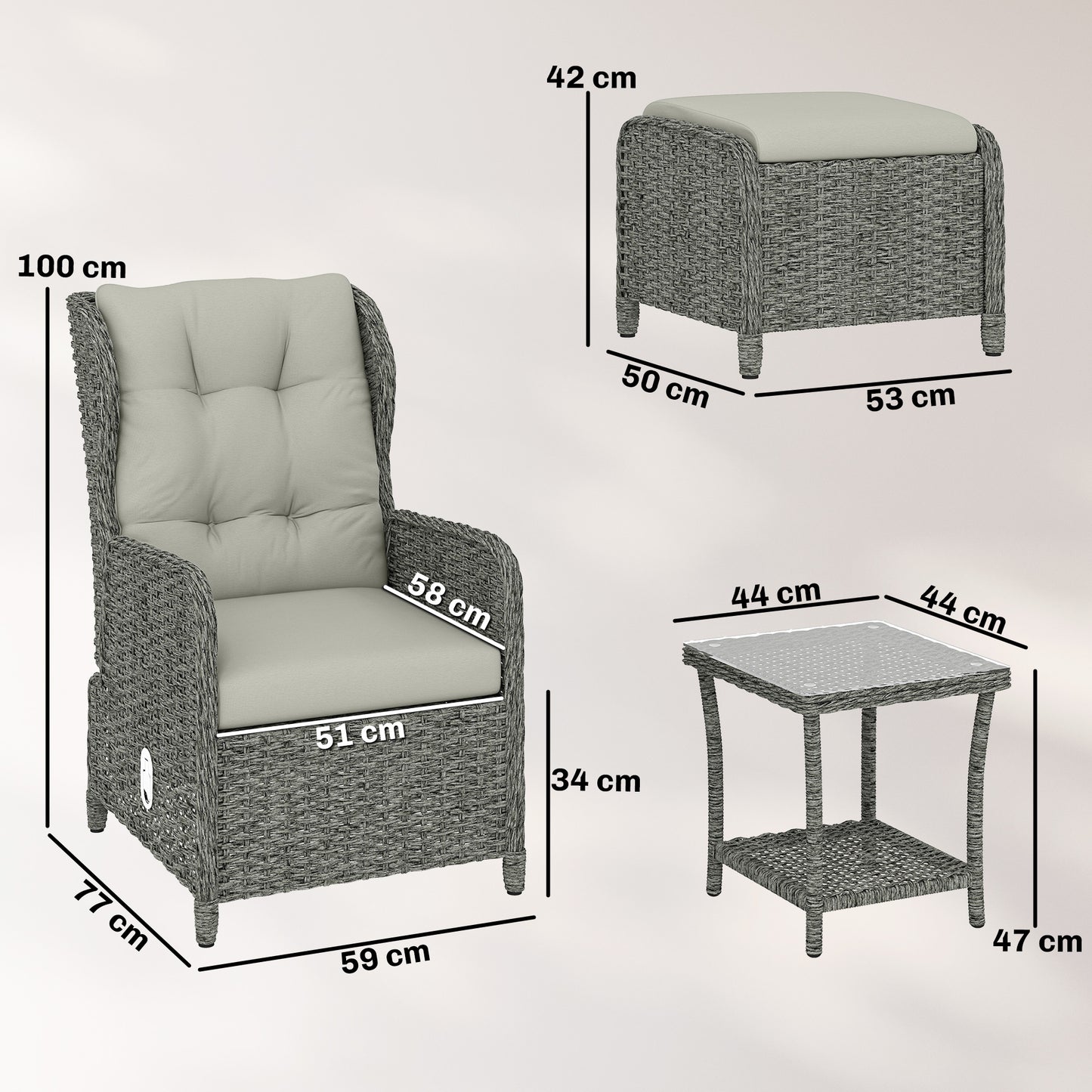 Outsunny Rattan Reclining Garden Chair Set of 2 with Footstool and Cushion for Balcony, Cream