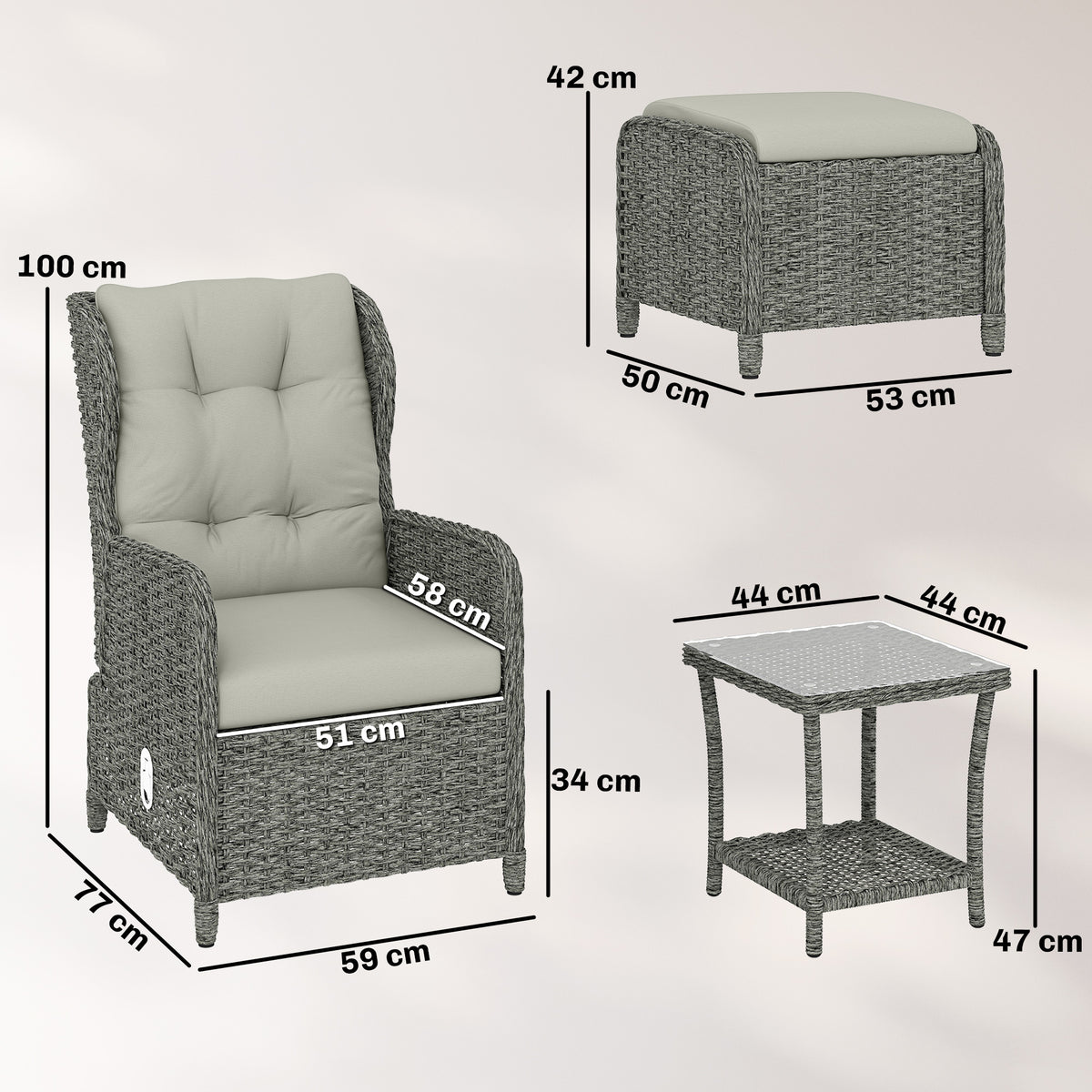Outsunny 5 Piece Garden Furniture Set, Rattan Reclining Garden Chair Set of 2 with Footstool and Cushion for Balcony, Cream