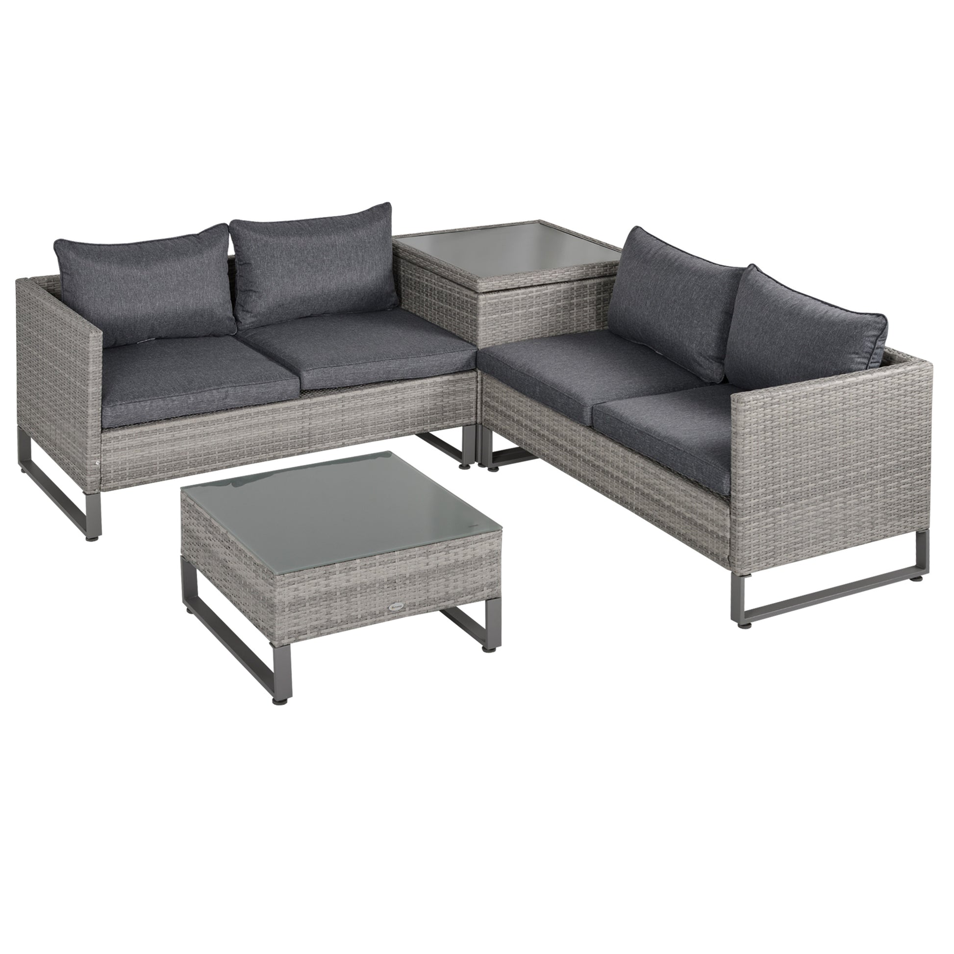 Photo of Outsunny 4 Pieces Rattan Garden Furniture Set, 4 Seater Garden Sofa Set with Storage Box, Loveseats and Glass Top Table, Wicker Outdoor Conservatory Furniture with Cushions for Outdoor, Patio, Grey in Grey colour on a white background