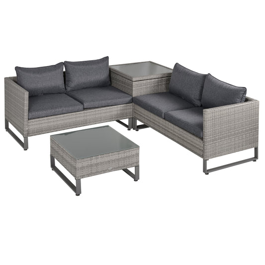 Photo of Outsunny 4 Pieces Rattan Garden Furniture Set, 4 Seater Garden Sofa Set with Storage Box, Loveseats and Glass Top Table, Wicker Outdoor Conservatory Furniture with Cushions for Outdoor, Patio, Grey in Grey colour on a white background