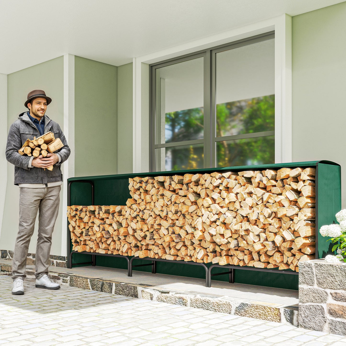 Outsunny Firewood Rack with Waterproof Cover, Heavy Duty Metal Log Store Indoors, Log Storage Holder for Outdoor Indoor Fireplace, 300 x 36 x 99 cm, Dark Green