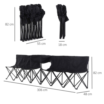 Black six-seat folding sports bench shown open and folded, with dimensions