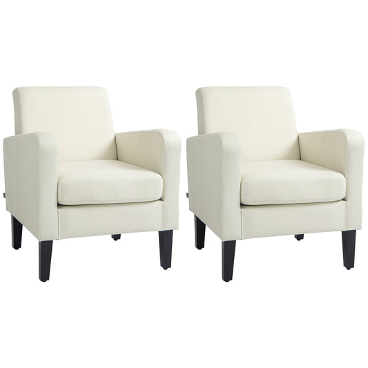 Photo of HOMCOM 2 Pieces Modern Armchairs with Rubber Wood Legs, Upholstered Accent Chairs, Single Sofa for Living Room, Bedroom, Cream White in White colour on a white background