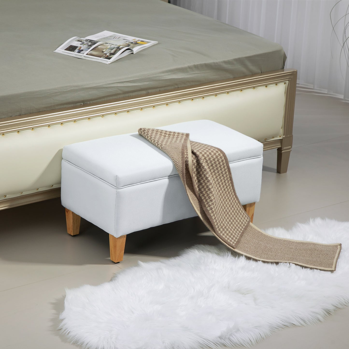HOMCOM 30L Linen Storage Ottoman Padded Footstool with Rubberwood Legs for Storage Box, Bed End, Shoe Bench, Seating, Cream White
