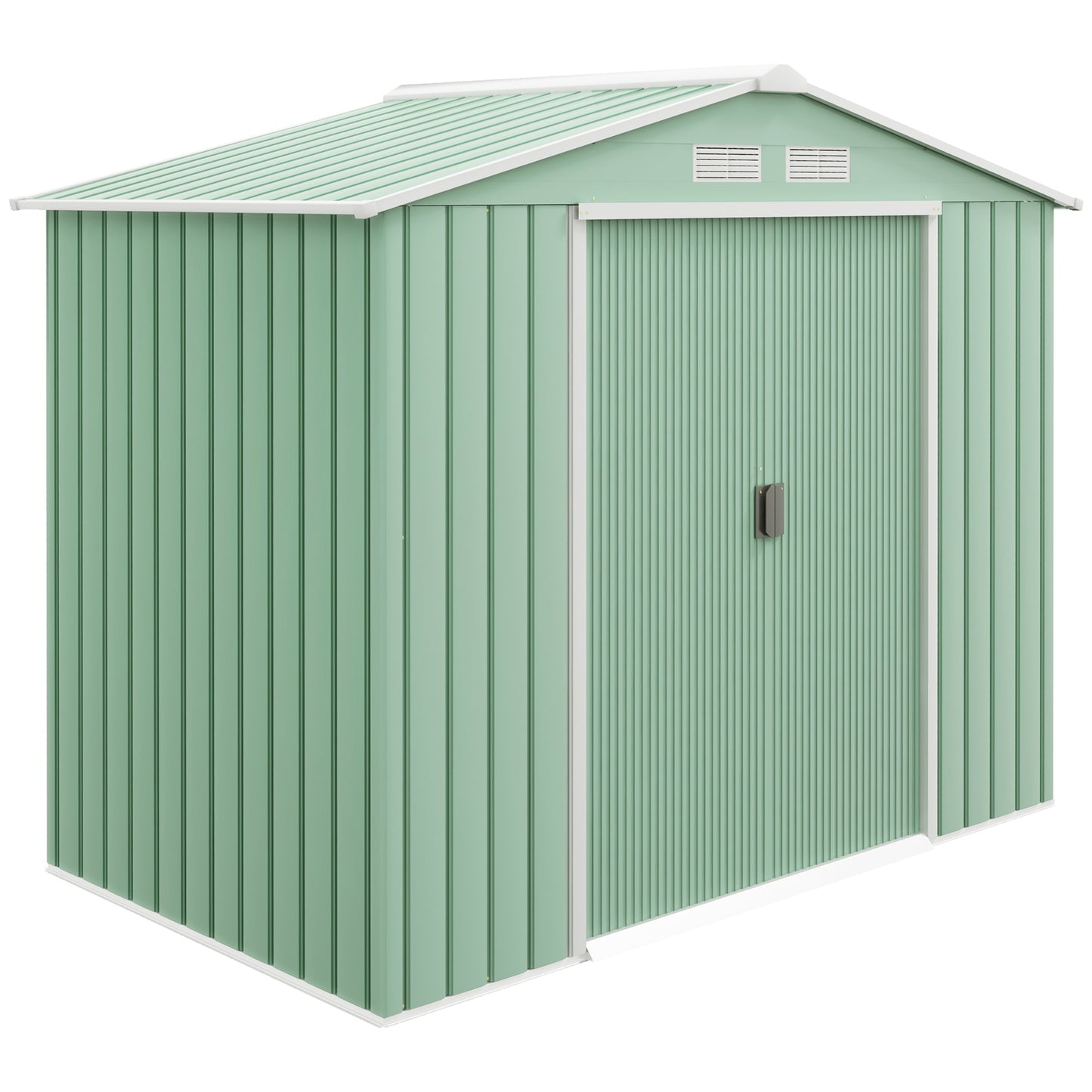 Photo of Outsunny 7 x 4ft Metal Garden Shed, Outdoor Storage Tool House with Ventilation Slots, Foundation Kit and Lockable Double Doors, Light Green in Green colour on a white background