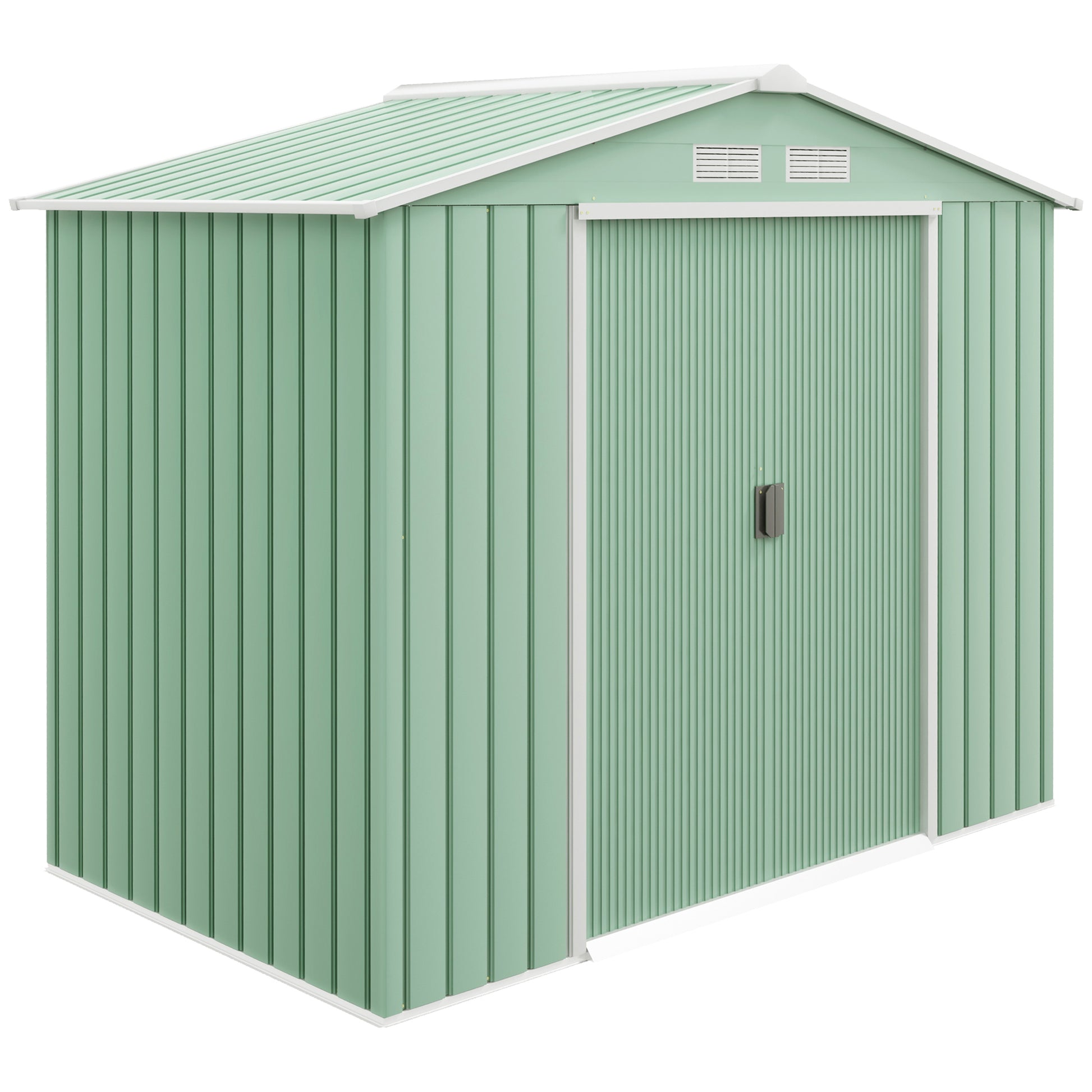 Photo of Outsunny 7 x 4ft Metal Garden Shed, Outdoor Storage Tool House with Ventilation Slots, Foundation Kit and Lockable Double Doors, Light Green in Green colour on a white background