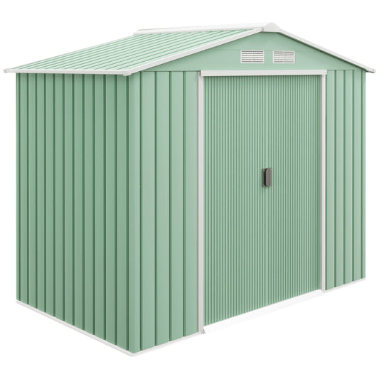 Photo of Outsunny 7 x 4ft Metal Garden Shed, Outdoor Storage Tool House with Ventilation Slots, Foundation Kit and Lockable Double Doors, Light Green in Green colour on a white background