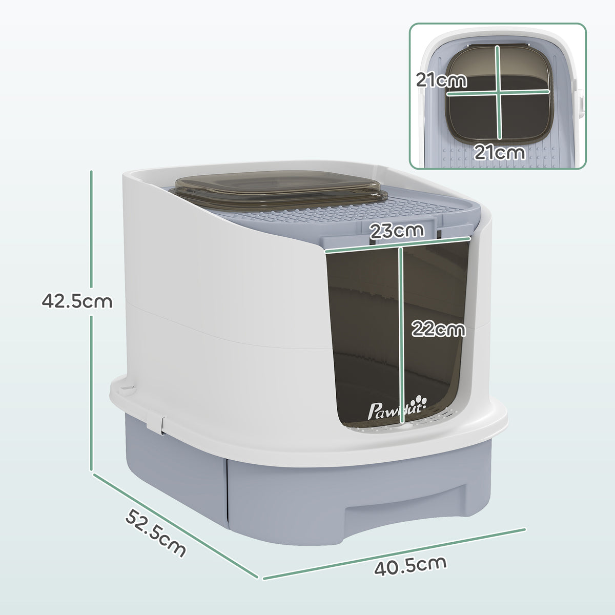 PawHut top-entry cat litter box with dimensions marked