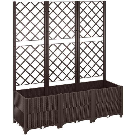 Photo of Outsunny Raised Garden Bed with Trellis, Plastic Planter Box with Drainage Holes, Drain Plugs and Water Reservoirs for Climbing Plants, Vegetables, Flowers, Brown in Brown colour on a white background