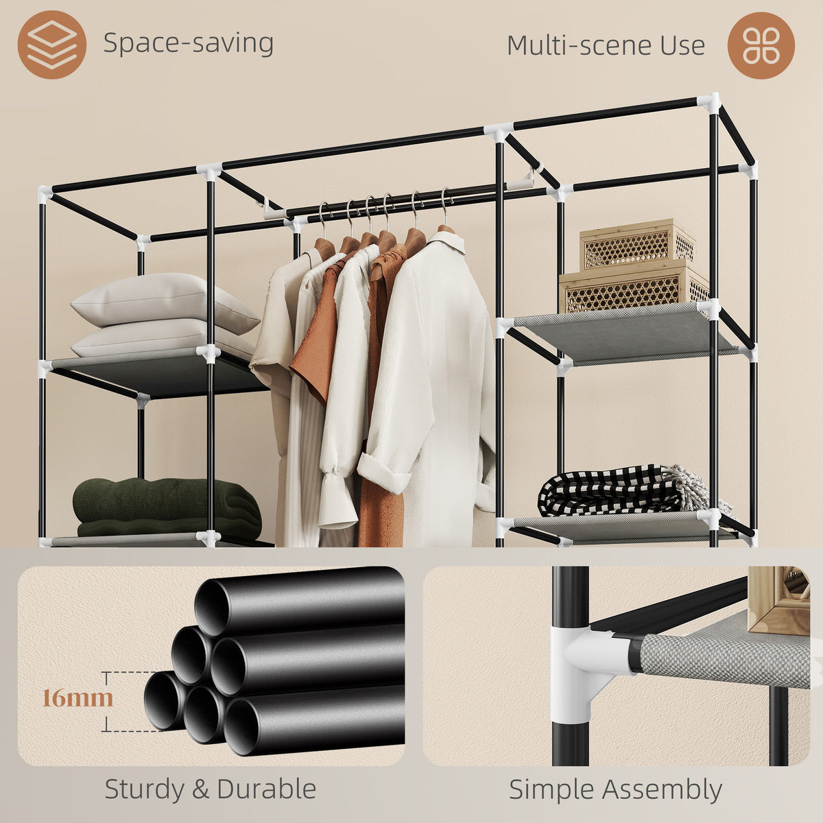 HOMCOM Clothes Storage Organiser with Hanging Rail, Shelves, Portable Wardrobe, Foldable Fabric Wardrobe, Light Grey