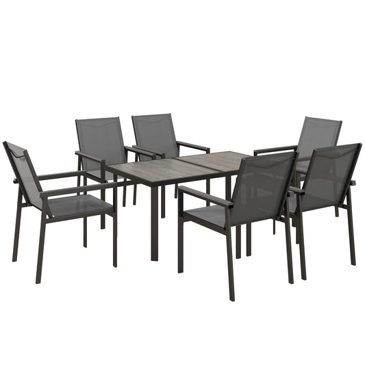 Photo of Outsunny Seven-Piece Metal Dining Set with Glass-Top Table and Texteline Chairs - Grey in Grey colour on a white background