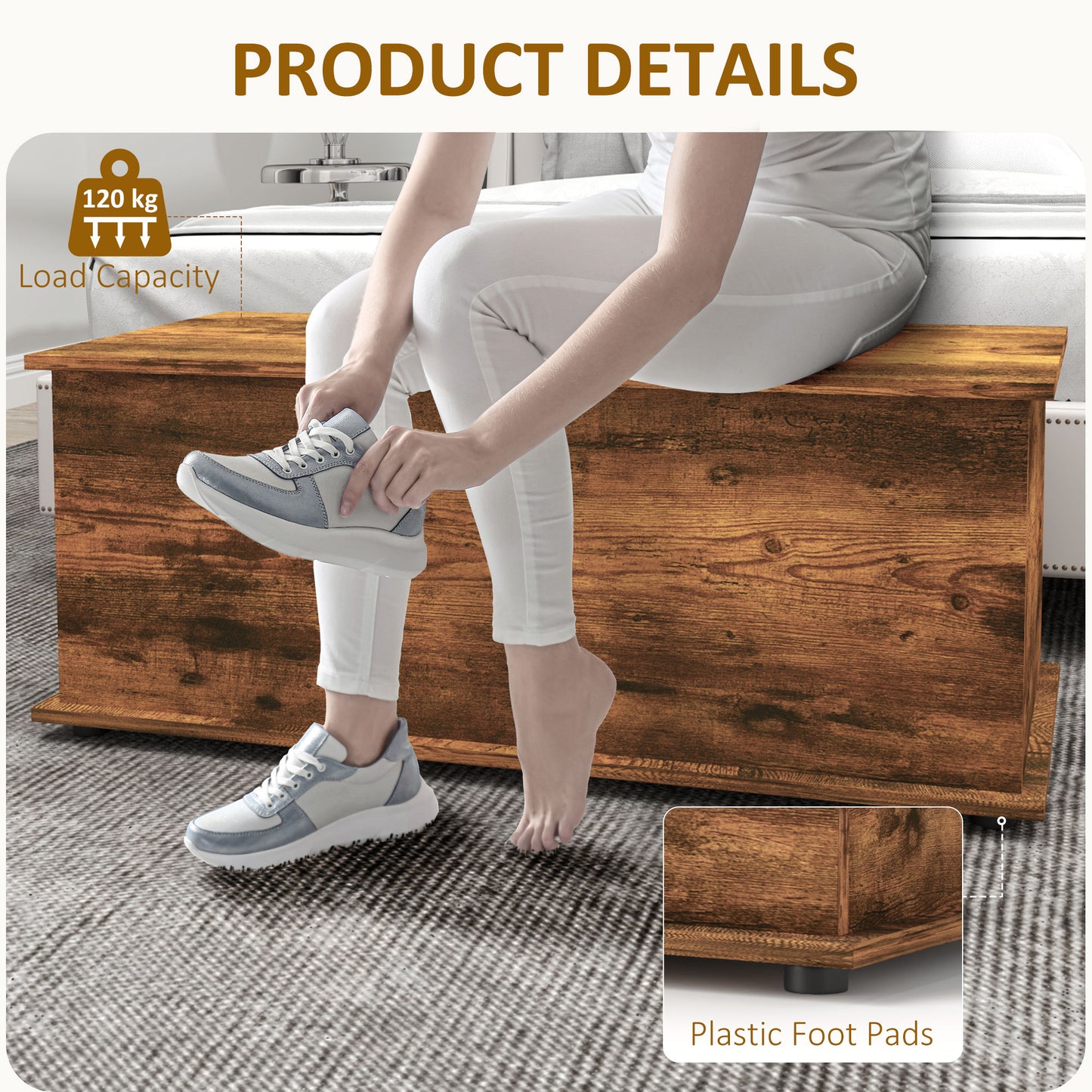 HOMCOM Storage Chest, Large 113L Blanket Box, Shoe Bench with Safety Hinged Lid, Storage Trunk, Bed End Bench for Bedroom, Hallway, Living room, Playroom, 100 x 40 x 40cm, Rustic Brown