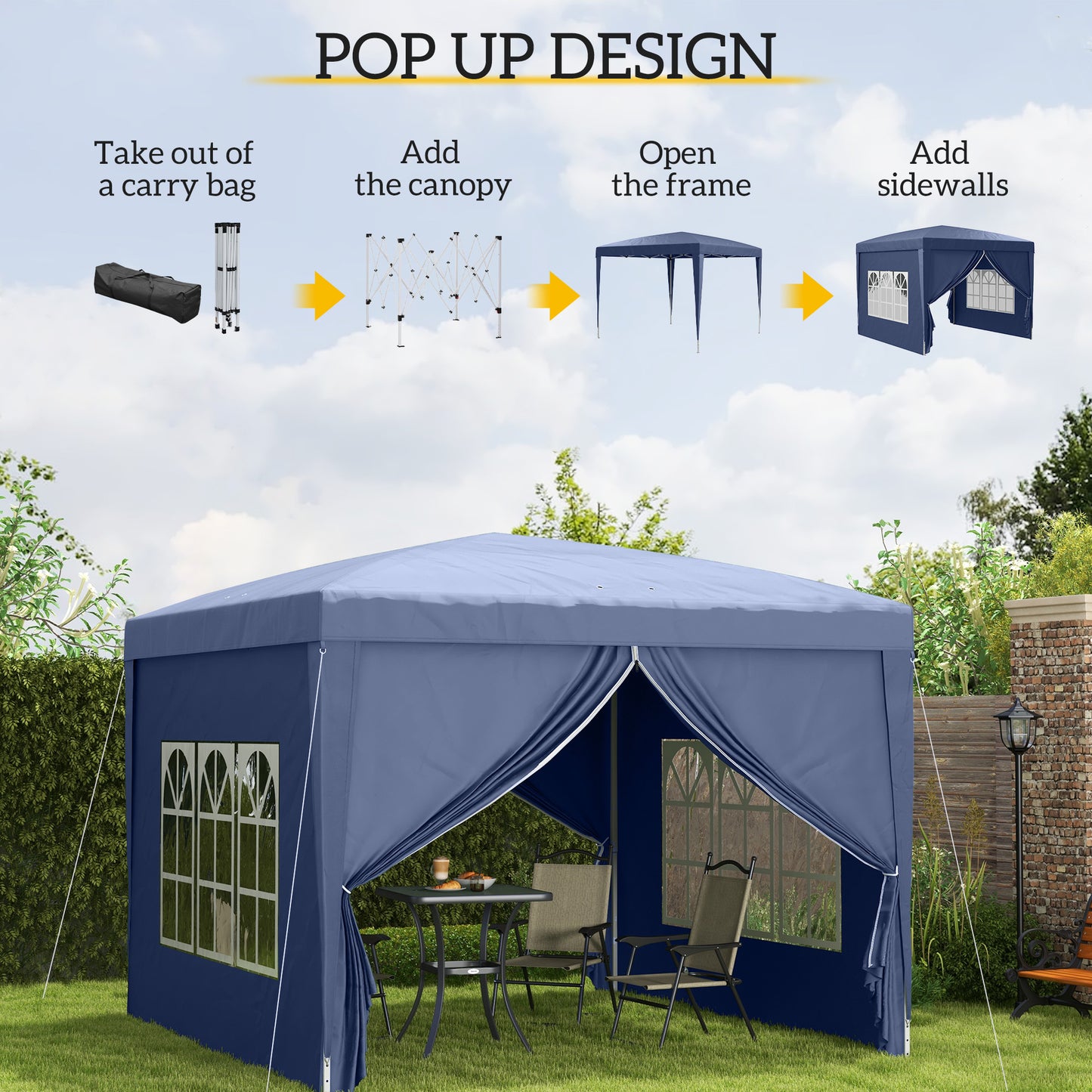 Outsunny 3x3(m) Pop-Up Gazebo, with Curtain Walls and Windows, Blue