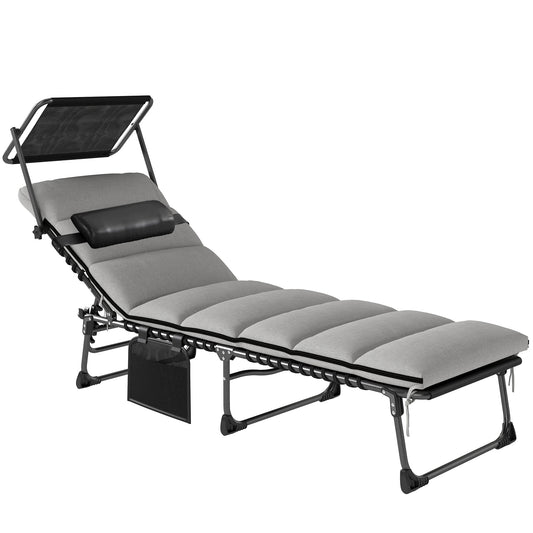 Photo of Outsunny Folding Sun Lounger with Canopy, Reclining Sunbed with Cushion, Side Pocket, Carrying Handle, Light Grey in Grey colour on a white background
