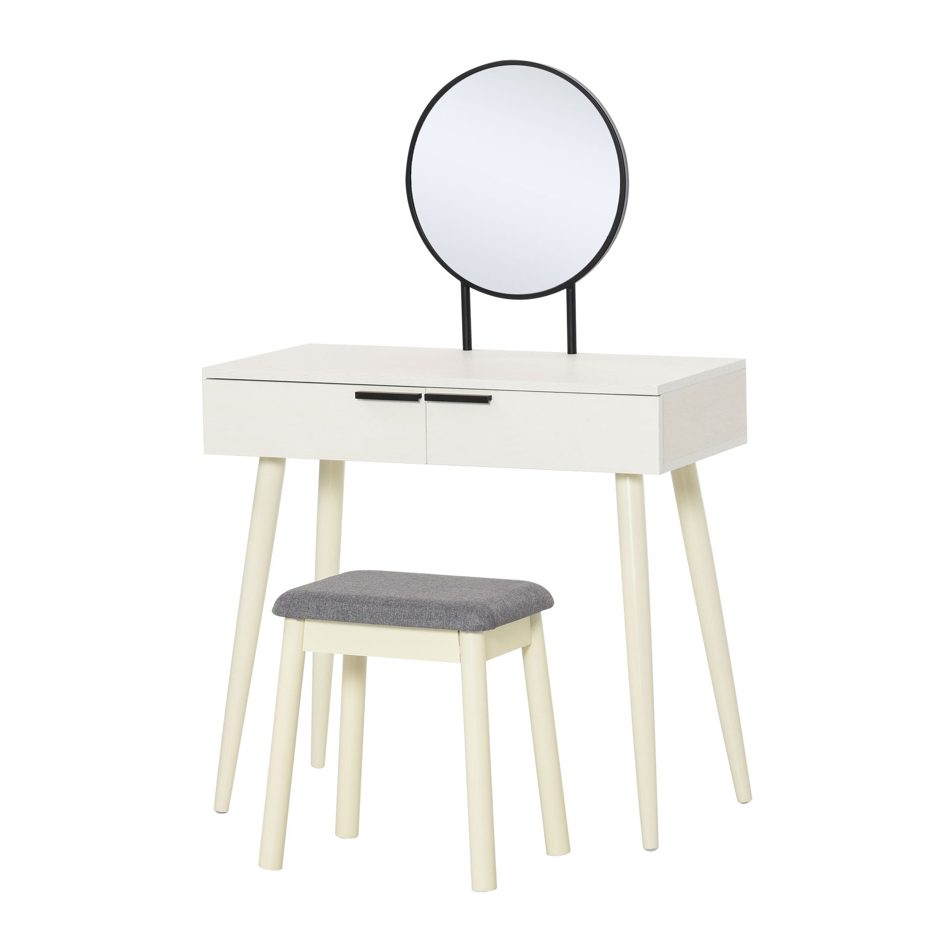 Photo of HOMCOM Modern Dressing Table with Round Mirror and Stool, Makeup Vanity Table with 2 Drawers for Bedroom, Living Room, 80 x 40 x 123 cm, White in White colour on a white background