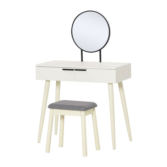 Photo of HOMCOM Modern Dressing Table with Round Mirror and Stool, Makeup Vanity Table with 2 Drawers for Bedroom, Living Room, 80 x 40 x 123 cm, White in White colour on a white background