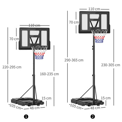 Adjustable basketball hoop and stand with dimensions shown at two height settings